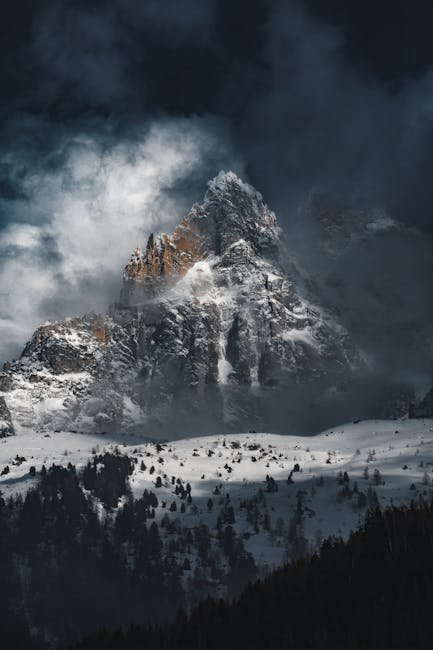Mountain Landscapes - Dramatic view of a towering, snow-covered mounta #16530787