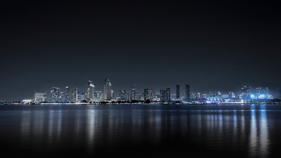 City Architecture - San Diego city skyline lit up at night, reflecte #28389008